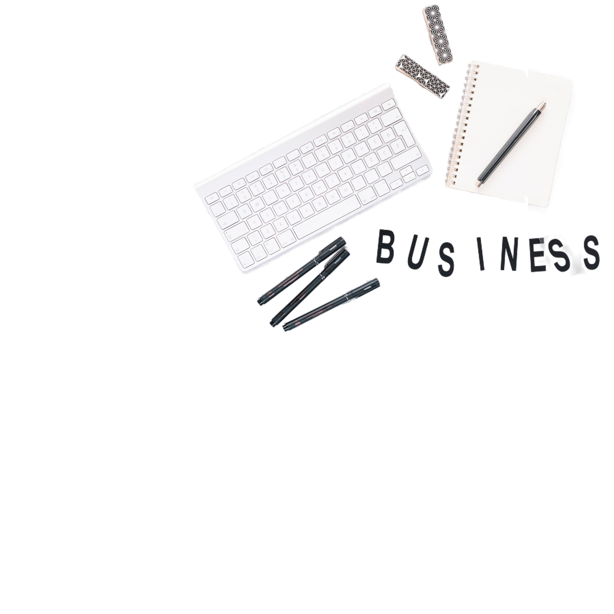 keyboard-pen-diary-with-business-word-white-background